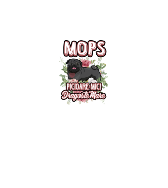 Mops negru picioare mici dragoste mare model alb pe tricou
