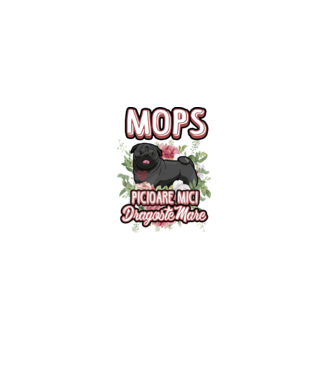Mops negru picioare mici dragoste mare model alb pe tricou
