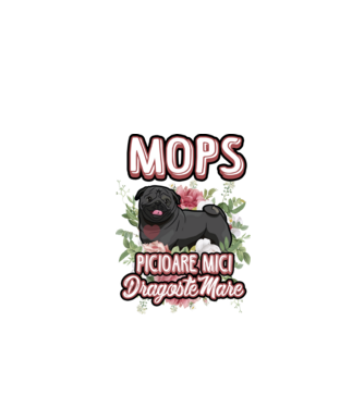 Mops negru picioare mici dragoste mare model alb pe tricou