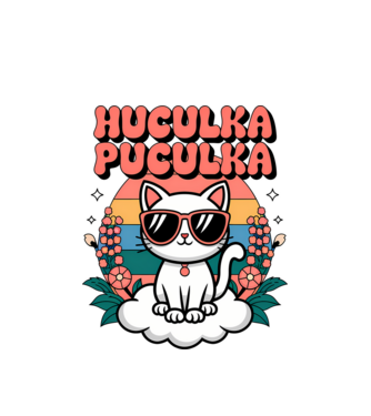 Huculka Puculka pisică 1 model alb pe tricou