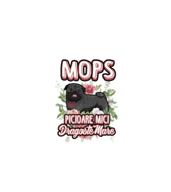 Mops negru picioare mici dragoste mare model alb pe tricou