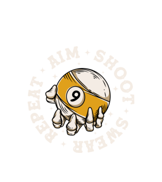Aim Shoot Swear Repeat Biliard model alb pe tricou