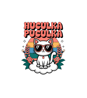 Huculka Puculka pisică 1 model alb pe tricou