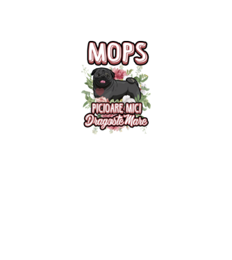 Mops negru picioare mici dragoste mare model alb pe tricou