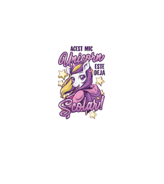 Acest mic unicorn este deja școlar model alb pe tricou