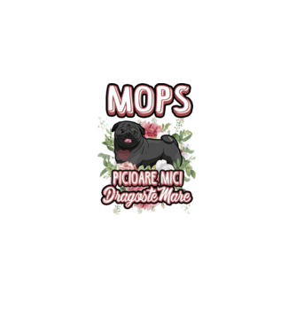 Mops negru picioare mici dragoste mare model alb pe tricou