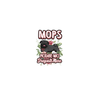 Mops negru picioare mici dragoste mare model alb pe tricou