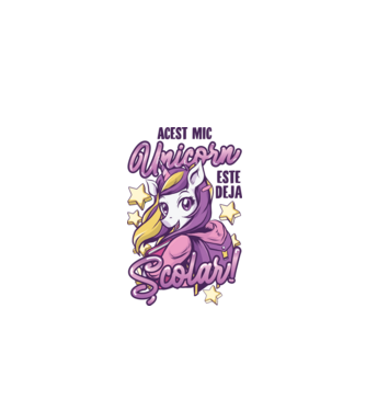 Acest mic unicorn este deja școlar model alb pe tricou