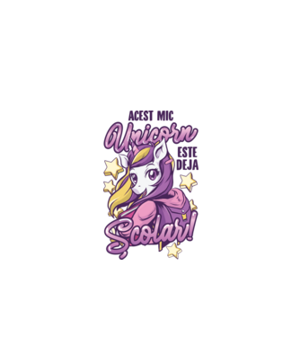 Acest mic unicorn este deja școlar model alb pe tricou