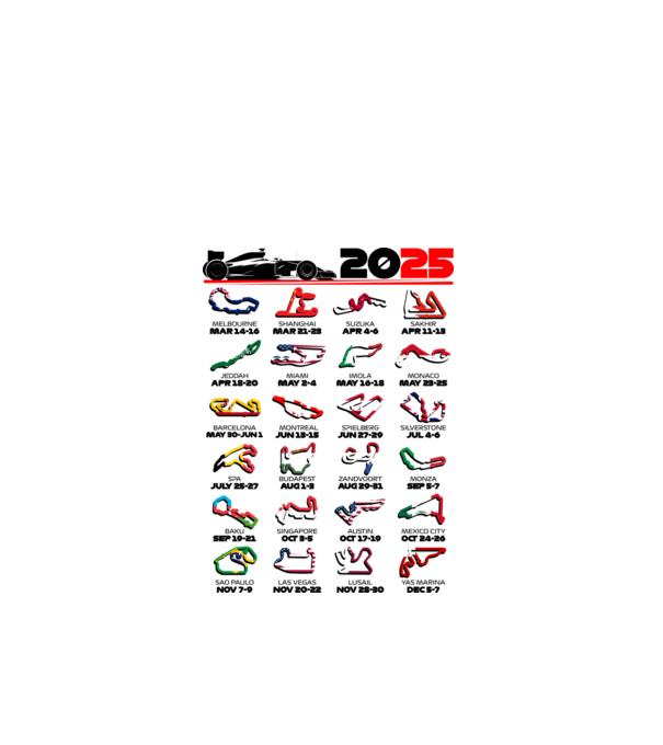 F1 calendar 2025 Alb model alb pe tricou