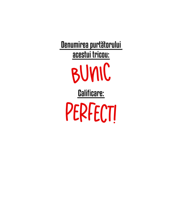Denumirea purtătorului acestui tricou: bunic! Calificare: Perfect! model alb pe tricou