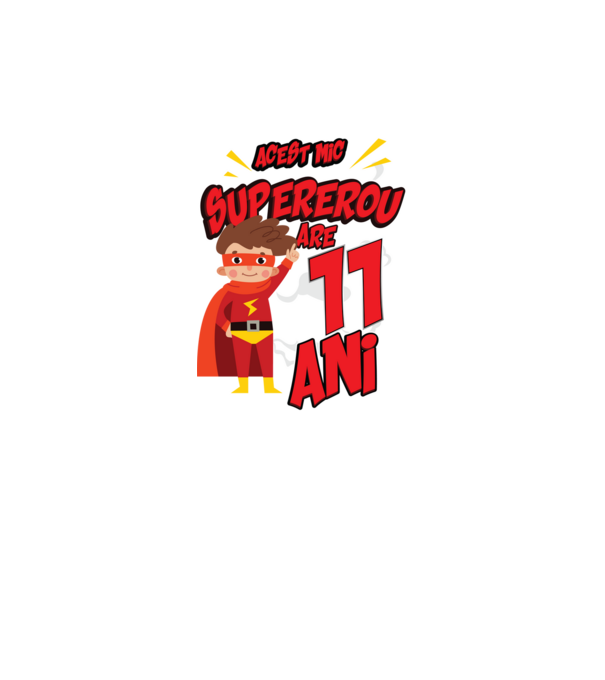 Acest mic supererou are 11 ani model negru pe tricou
