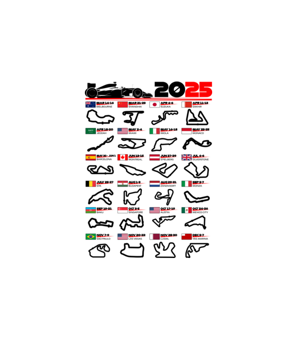 F1 calendar 2025 model alb pe tricou