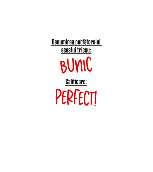 Denumirea purtătorului acestui tricou: bunic! Calificare: Perfect! model alb pe tricou