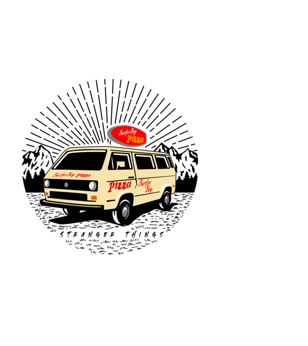 surfer boy pizza bus stranger things model negru pe tricou