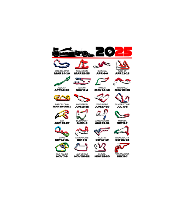 F1 calendar 2025 Alb model alb pe tricou