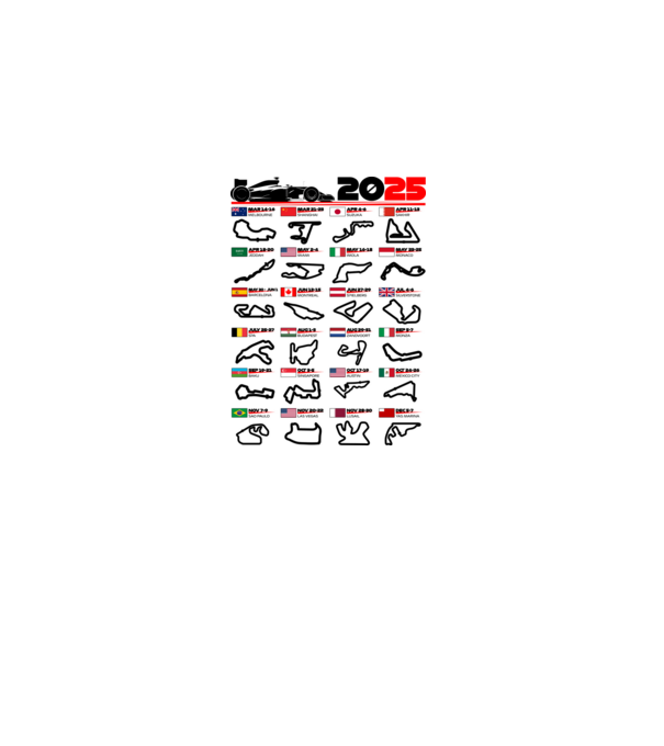 F1 calendar 2025 model alb pe tricou