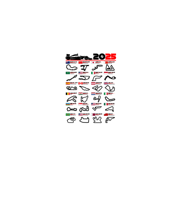 F1 calendar 2025 model alb/roșu pe tricou