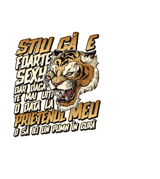 Știu că e foarte sexy, dar dacă te mai uiți o dată la prietenul meu, o să iei un pumn în gură model negru pe tricou