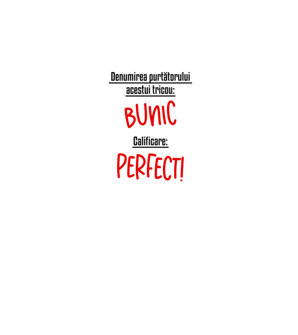 Denumirea purtătorului acestui tricou: bunic! Calificare: Perfect! model alb pe tricou
