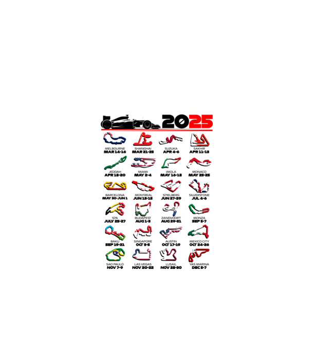 F1 calendar 2025 Alb model alb pe tricou