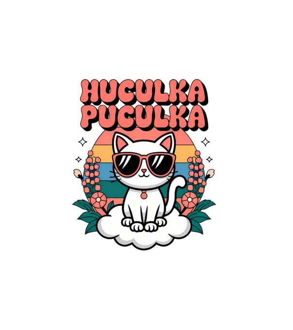 Huculka Puculka pisică 1 model alb pe tricou