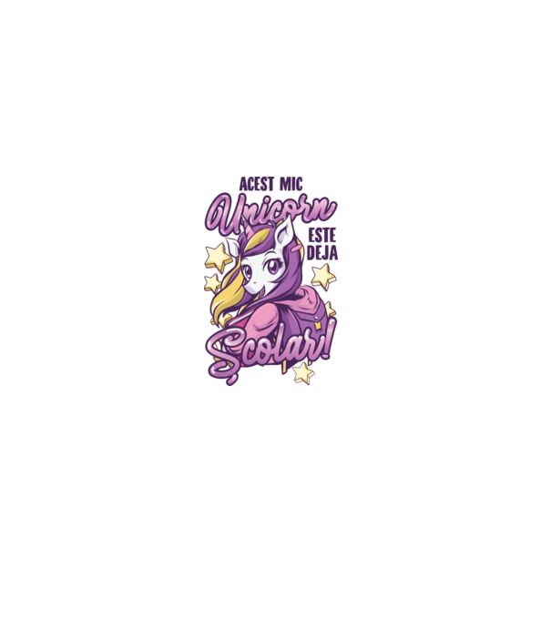 Acest mic unicorn este deja școlar model alb pe tricou