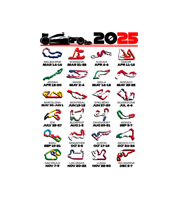 F1 calendar 2025 Alb model alb pe tricou