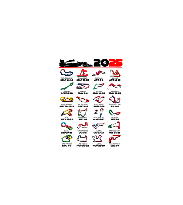 F1 calendar 2025 Alb model alb pe tricou