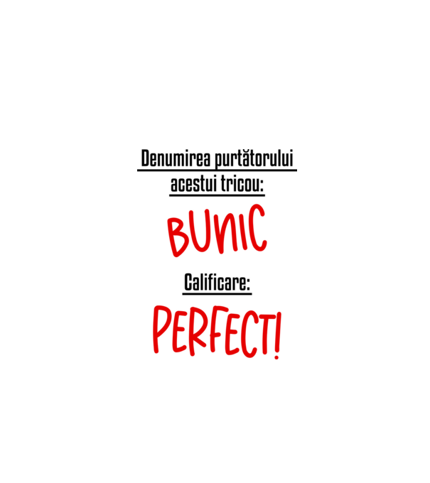 Denumirea purtătorului acestui tricou: bunic! Calificare: Perfect! model alb pe tricou