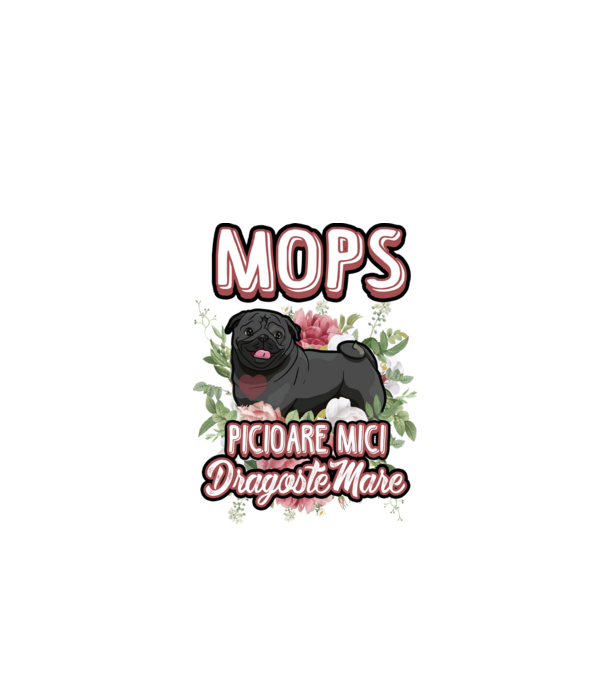 Mops negru picioare mici dragoste mare model alb pe tricou