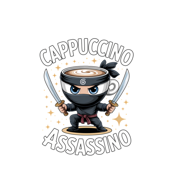 Cappuccino Assassino model negru pe tricou
