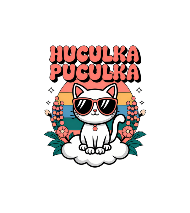 Huculka Puculka pisică 1 model alb pe tricou