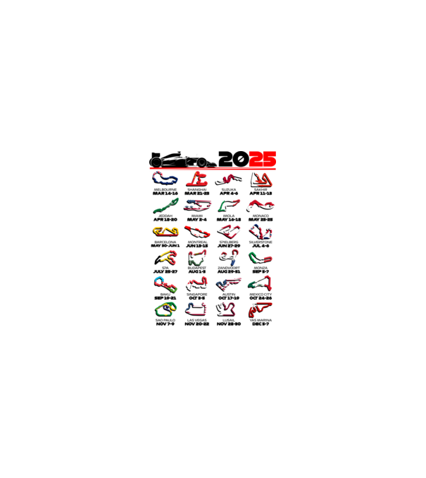 F1 calendar 2025 Alb model nisipiu pe tricou