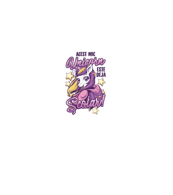 Acest mic unicorn este deja școlar model alb pe tricou