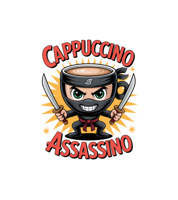 Cappuccino Assasino model negru pe tricou
