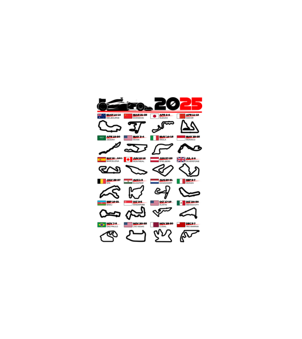 F1 calendar 2025 model alb pe tricou