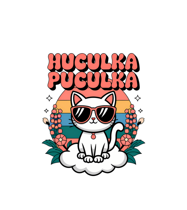 Huculka Puculka pisică 1 model alb pe tricou