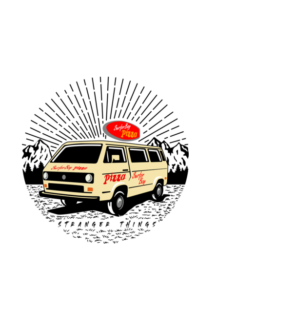 surfer boy pizza bus stranger things model alb pe tricou