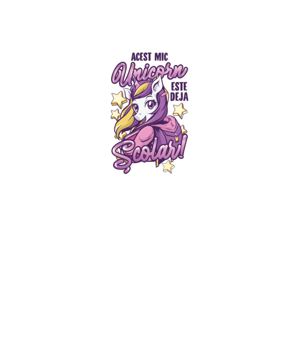 Acest mic unicorn este deja școlar model alb pe tricou
