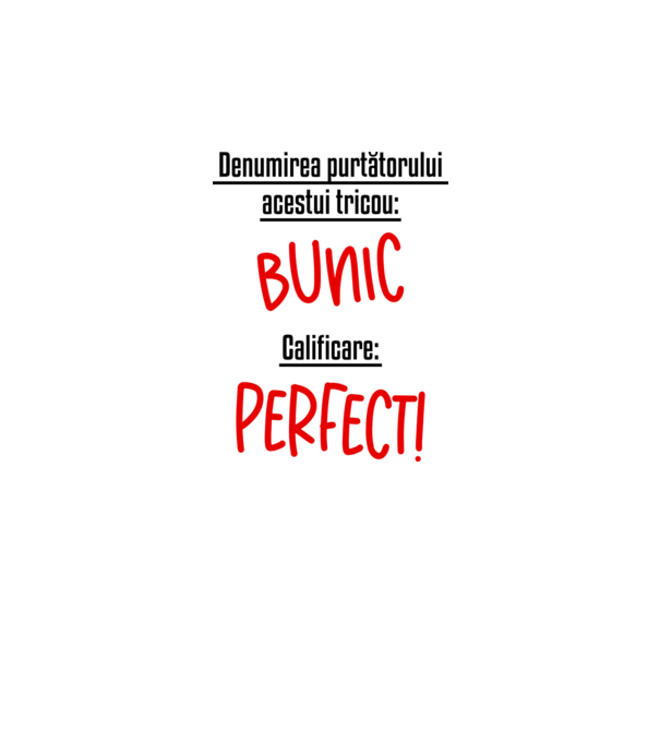 Denumirea purtătorului acestui tricou: bunic! Calificare: Perfect! model alb pe tricou
