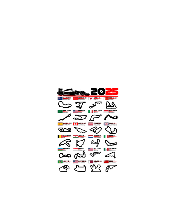 F1 calendar 2025 model alb pe tricou