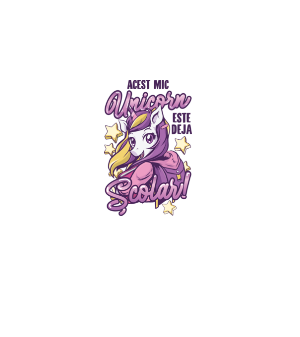 Acest mic unicorn este deja școlar model alb pe tricou