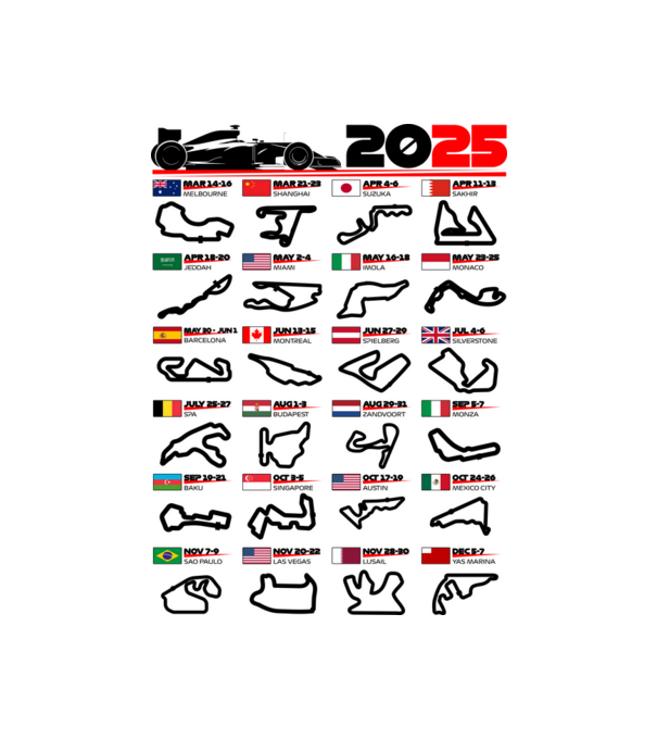 F1 calendar 2025 model alb pe tricou