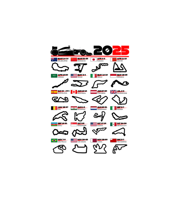 F1 calendar 2025 model alb pe tricou