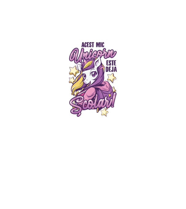 Acest mic unicorn este deja școlar model alb pe tricou