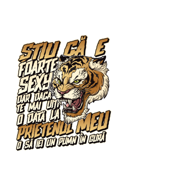 Știu că e foarte sexy, dar dacă te mai uiți o dată la prietenul meu, o să iei un pumn în gură model negru pe tricou
