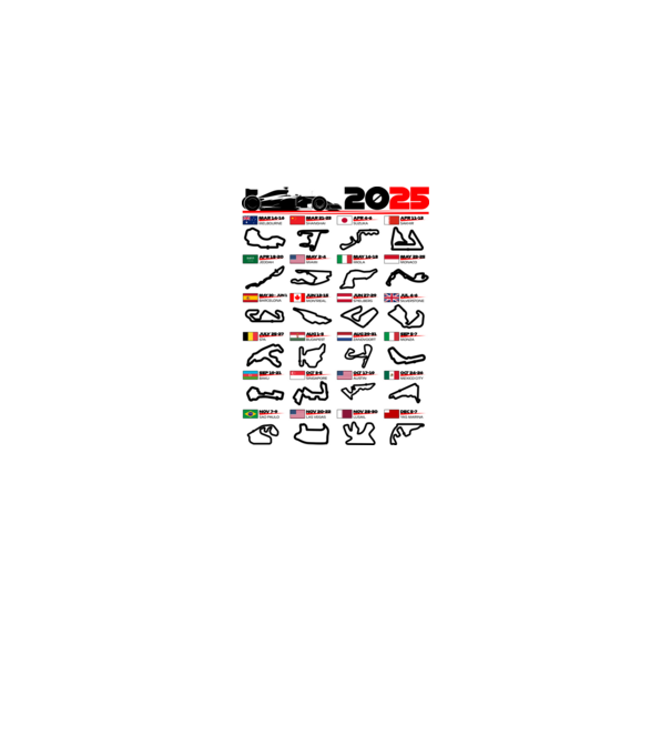 F1 calendar 2025 model alb pe tricou