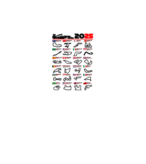 F1 calendar 2025 model alb pe tricou