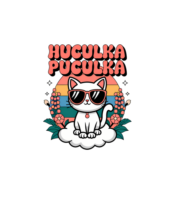 Huculka Puculka pisică 1 model alb pe tricou